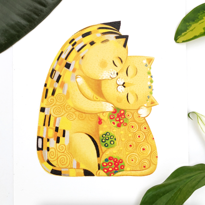 representación de la obra de el beso de Klimt formada por dos gatitos de la artista irene bofill