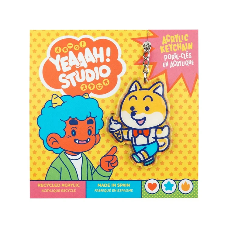 Llavero de acrílico con forma de perro shiva con un helado