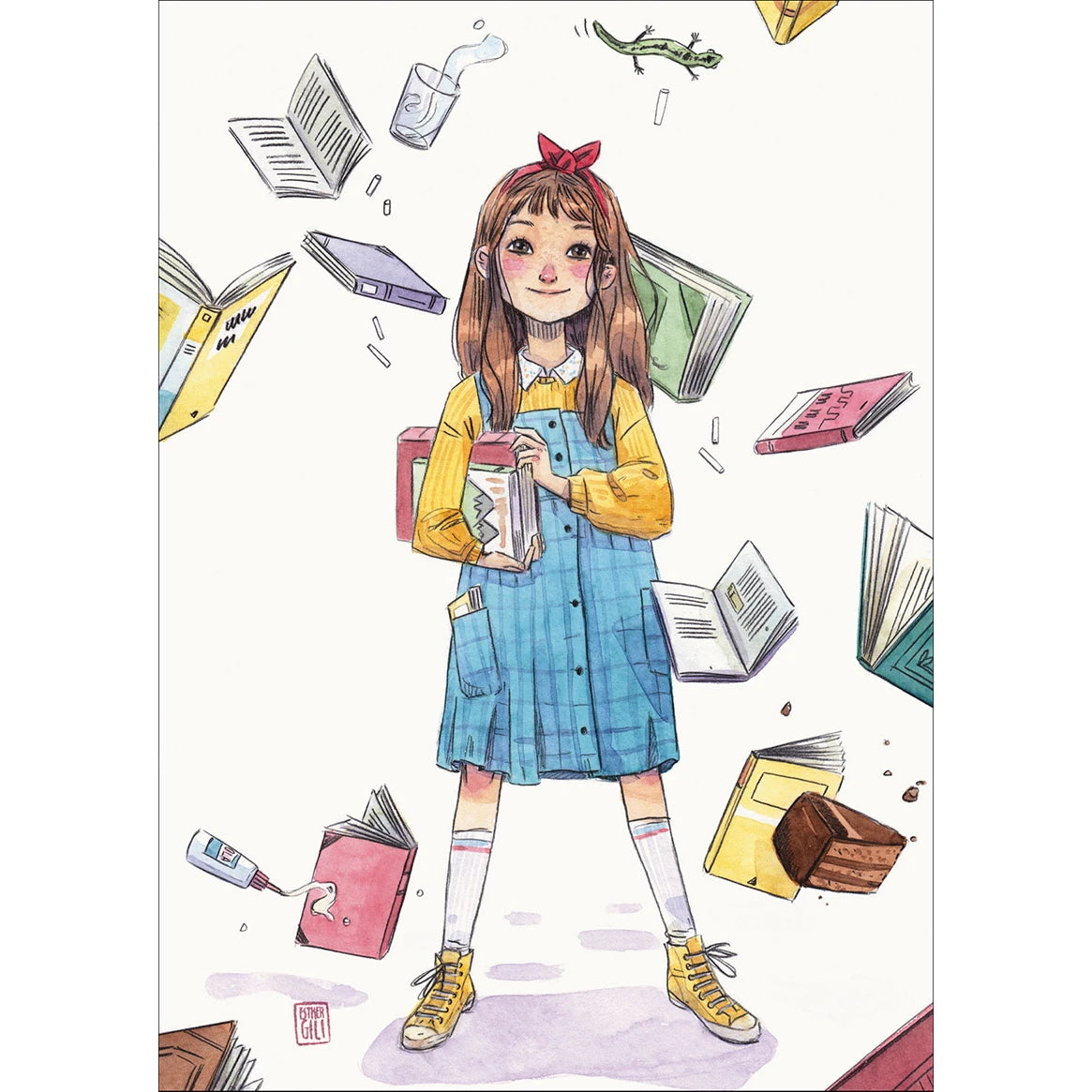 Postal con ilustración de Esther Gili en la que sale Matilda con un montón de libros volando alrededor