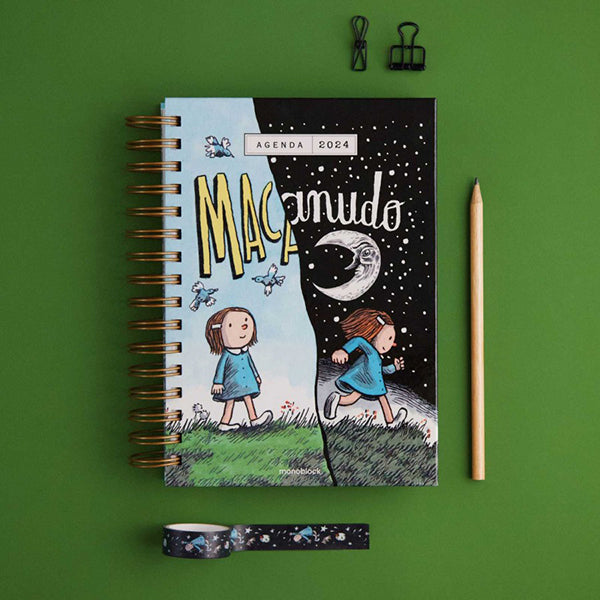 Agenda diaria para 2024 Macanudo de Liniers con portada de Enriqueta pasando del día a la noche estrellada