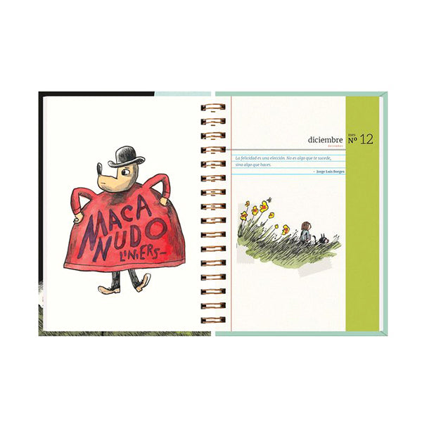 Páginas interiores de la agenda diaria para 2024 Macanudo de Liniers con portadilla de diciembre