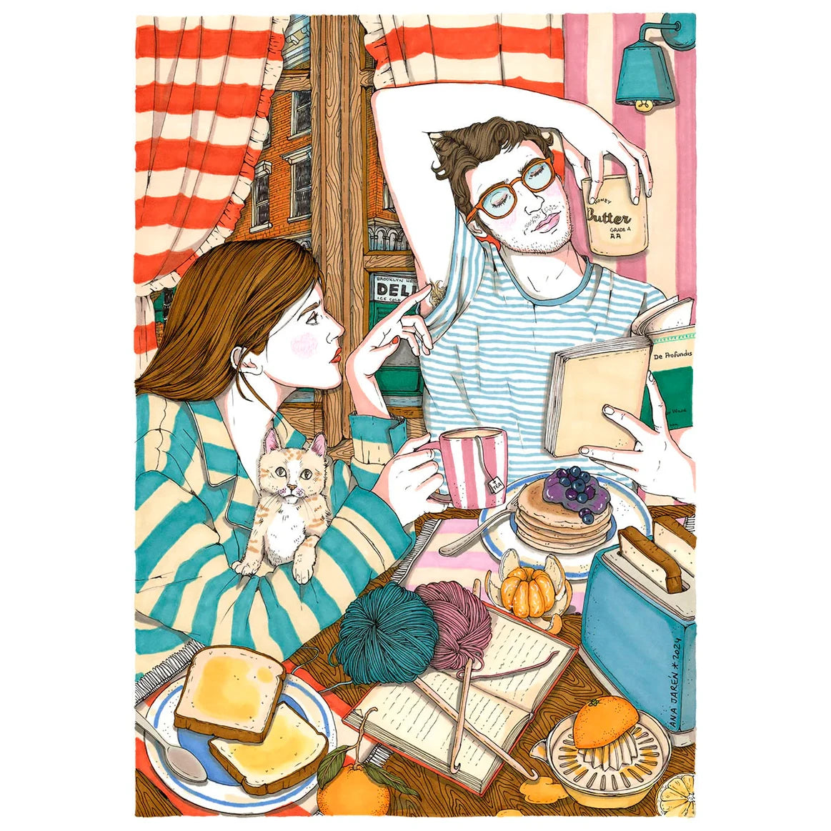 ilustración de la artista Ana Jarén de dos personas sentadas a la mesa con mucha comida y una de ellas haciéndole cosquillas a la otra mientras lee un libro