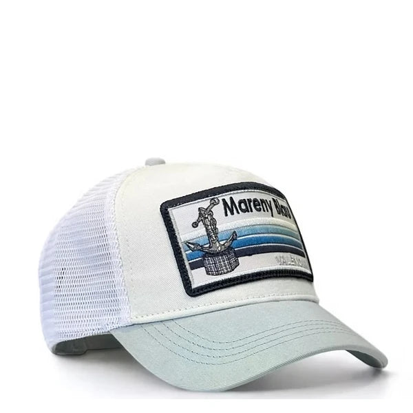 Gorra blanca ajustable con visera en azul claro con parche de la playa de Mareny Blau, en Valencia