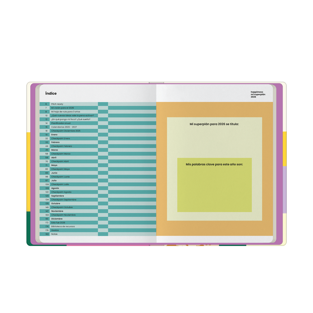 Planificador para 2026 de happimess Jardín Secreto, diseñado para emprendedoras y creativas con índice y diagramas
