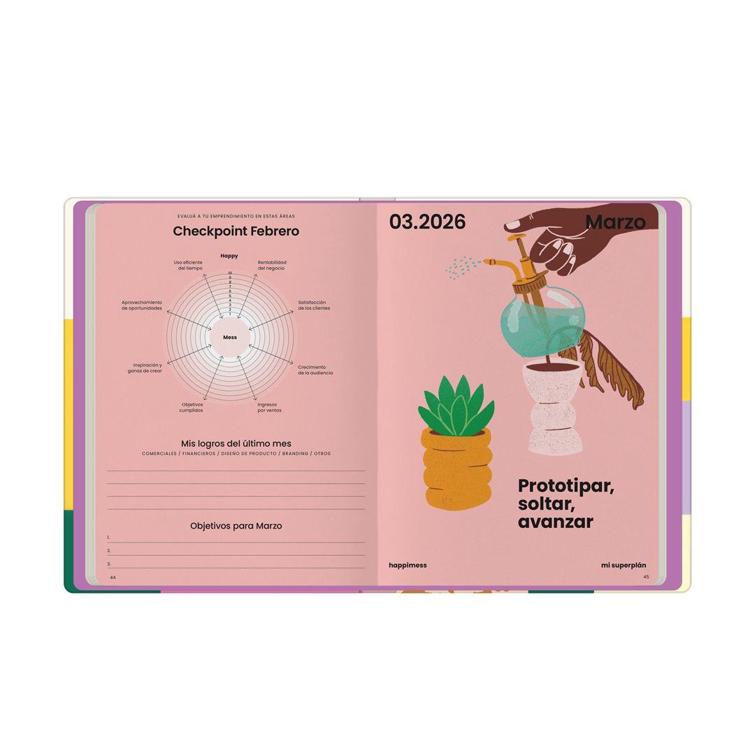 Planificador para 2026 de happimess Jardín Secreto, diseñado para emprendedoras y creativas con checkpoint de febrero y portadilla de marzo