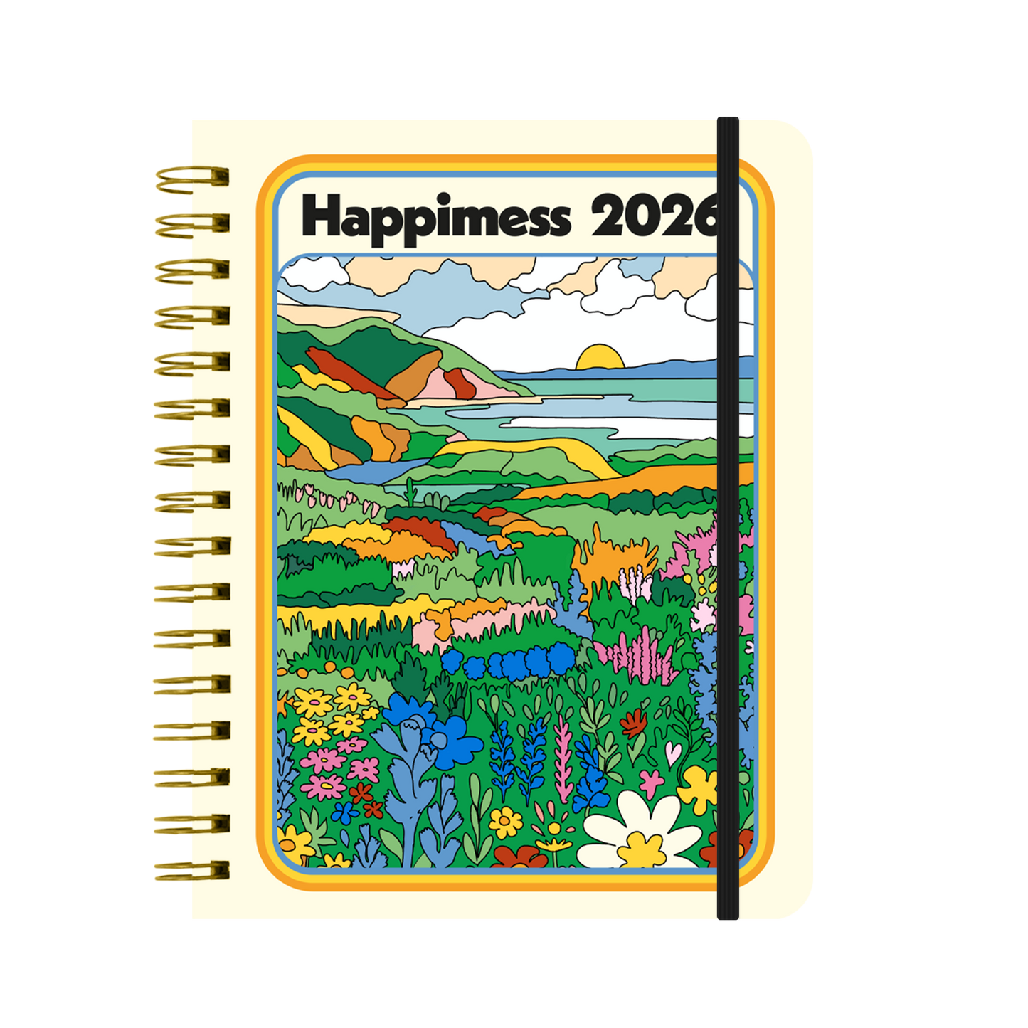 Portada con ilustración de un paisaje de colores de la agenda de Happimess Mis sueños me necesitan 2026 con organización diaria