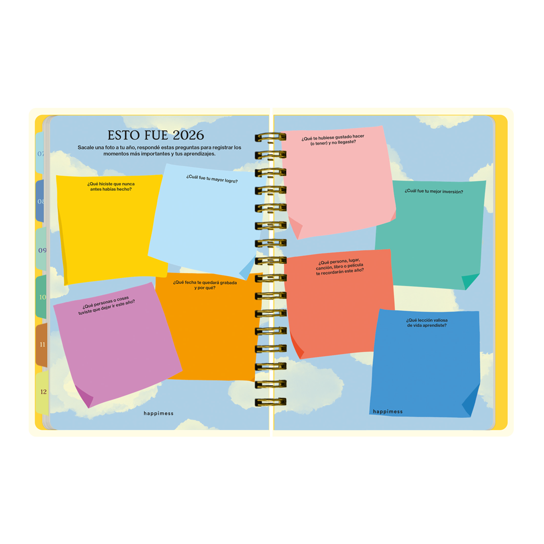 Páginas interiores de la agenda de Happimess Mis sueños me necesitan 2026 con espacio para hacer balance de distintos aspectos del año