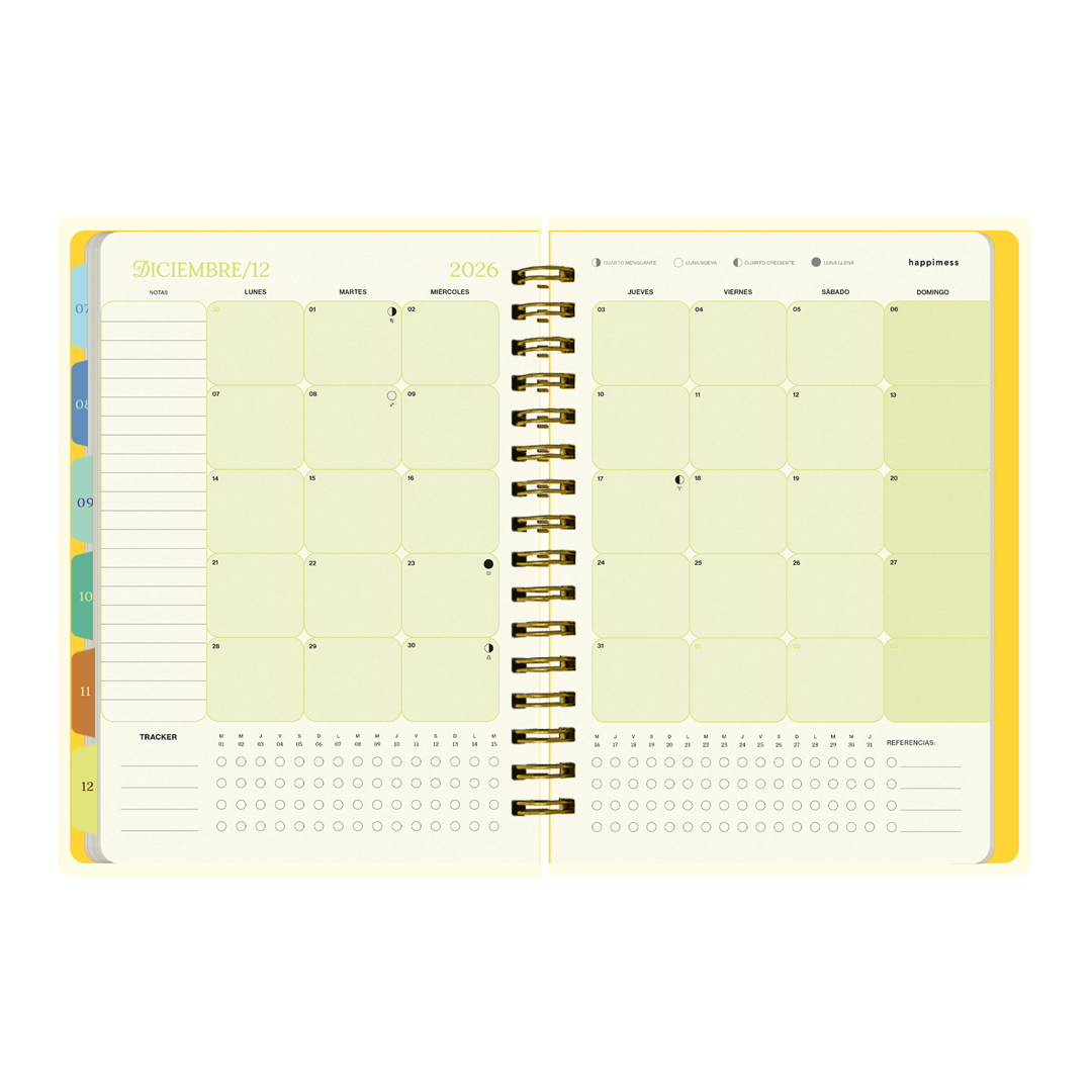 Páginas interiores de la agenda de Happimess Mis sueños me necesitan 2026 con organización diaria y calendario mensual