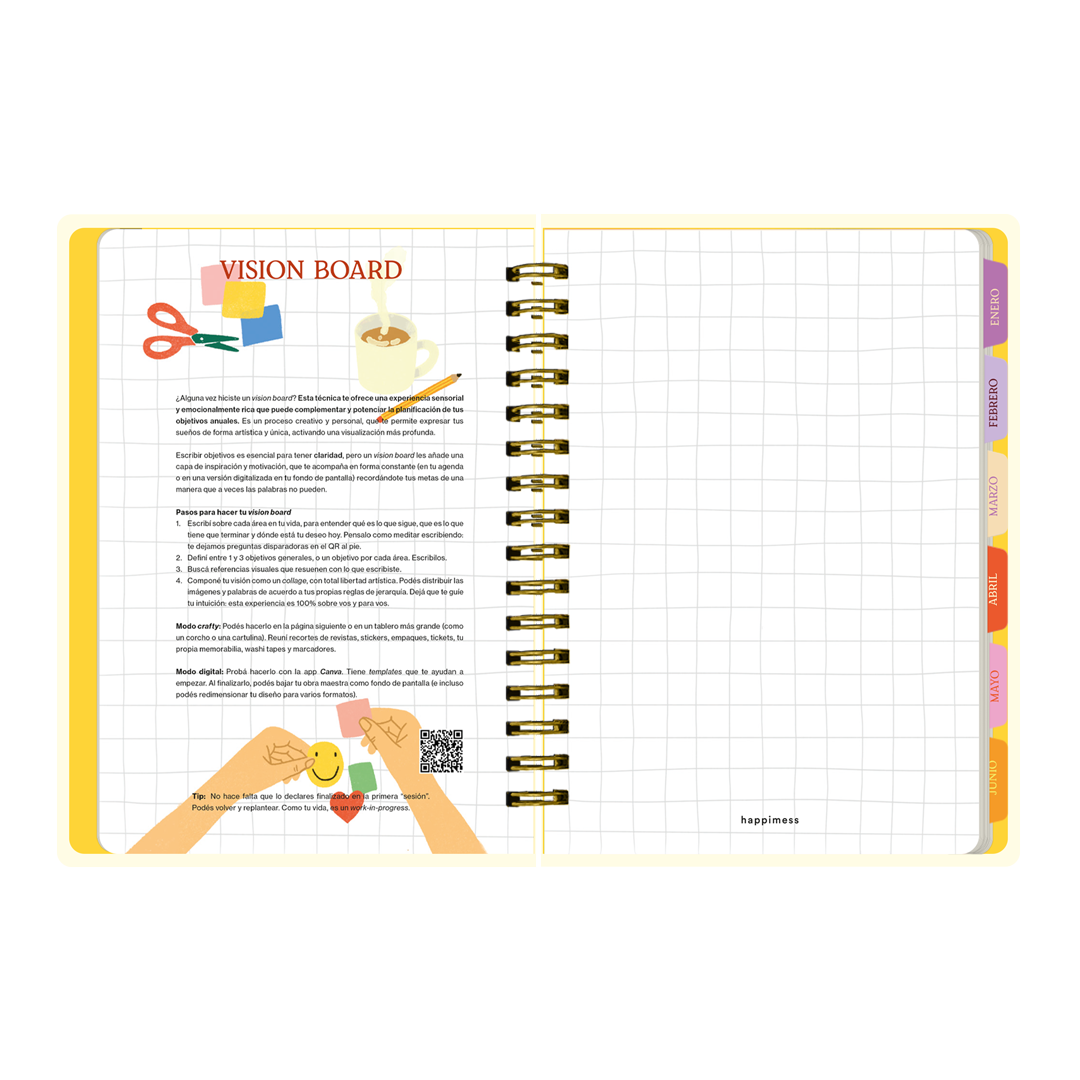 Páginas interiores de la agenda de Happimess Mis sueños me necesitan 2026 con organización diaria y vision board