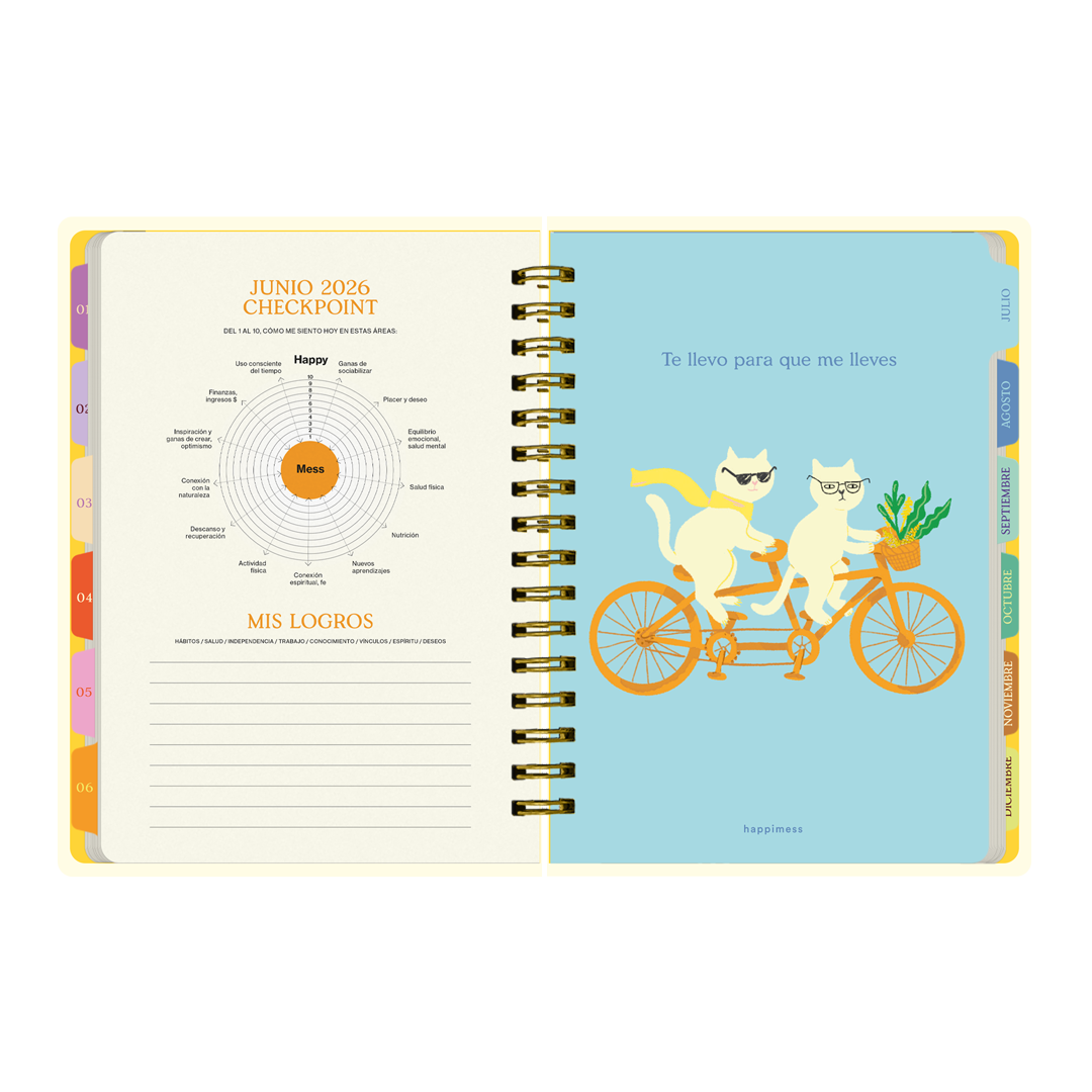 Páginas interiores de la agenda de Happimess Mis sueños me necesitan 2026 con organización diaria checkpoint de junio y portadilla de julio