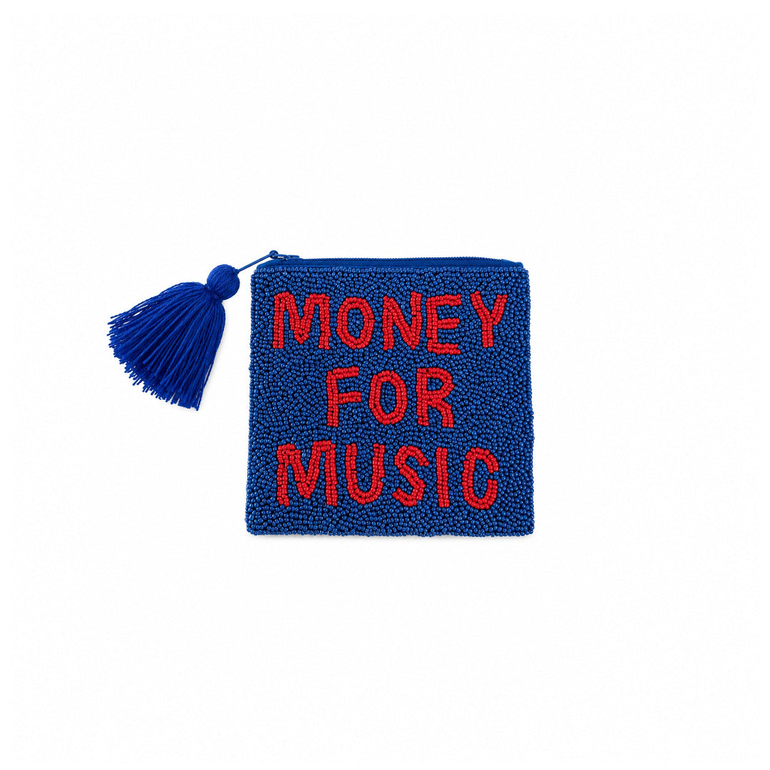 Monedero azul marino con cuentas y el mensaje MONEY FOR MUSIC en rojo