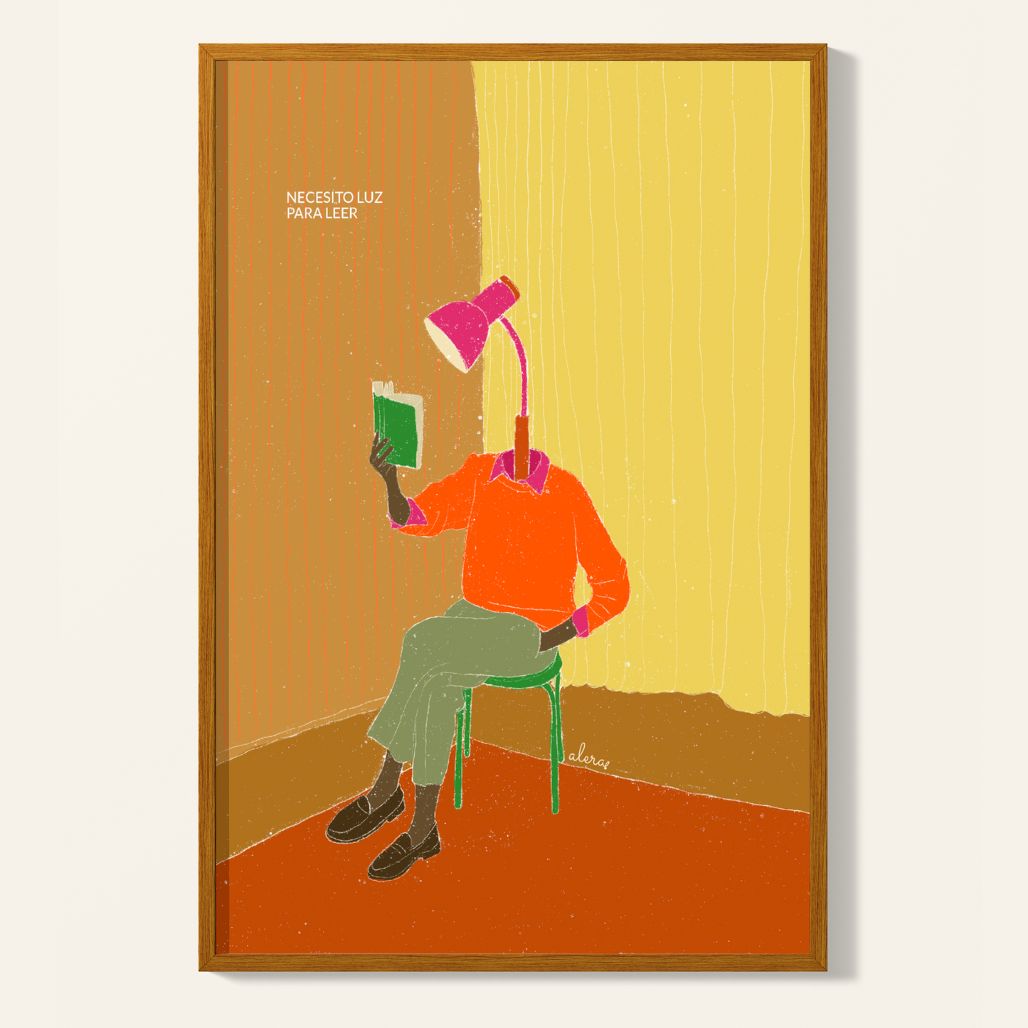 Print Necesito luz para leer de la artista Alera Vida con una persona con cabeza de flexo leyendo en una silla