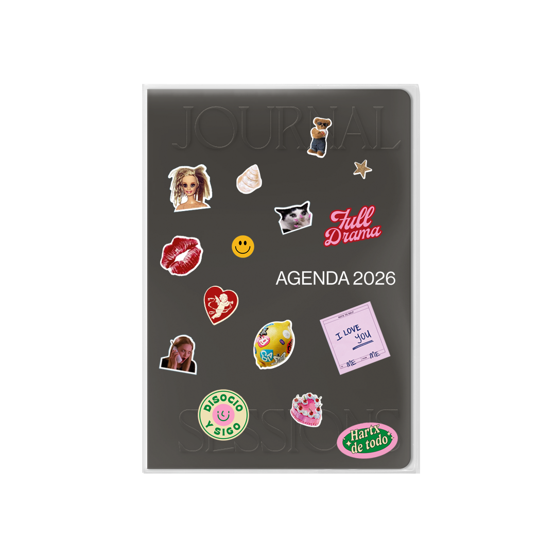 Portada perdonalizada con pegatinas de la agenda Journal Sessions negra 2026