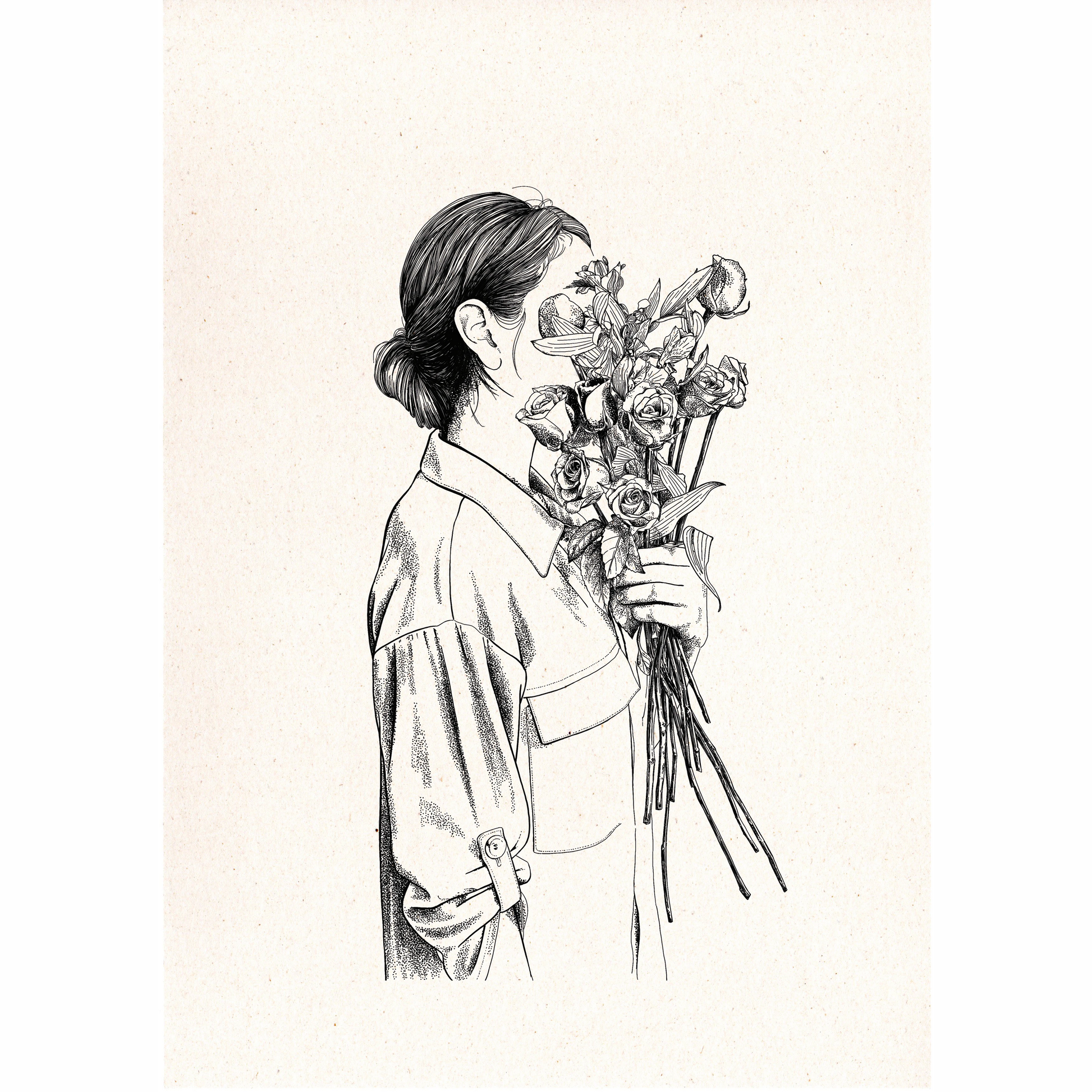 ilustración de una mujer de perfil vestida con una camisa, sujetando un ramo de rosas que le tapa el rostro