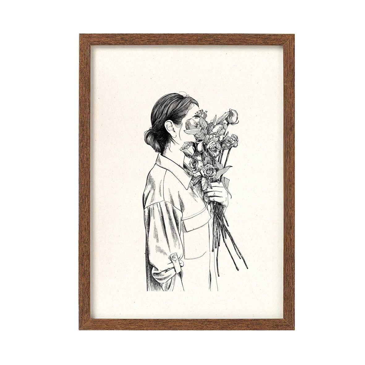 ilustración de una mujer de perfil vestida con una camisa, sujetando un ramo de rosas que le tapa el rostro, enmarcado en un cuadro con el marco de madera en color marrón
