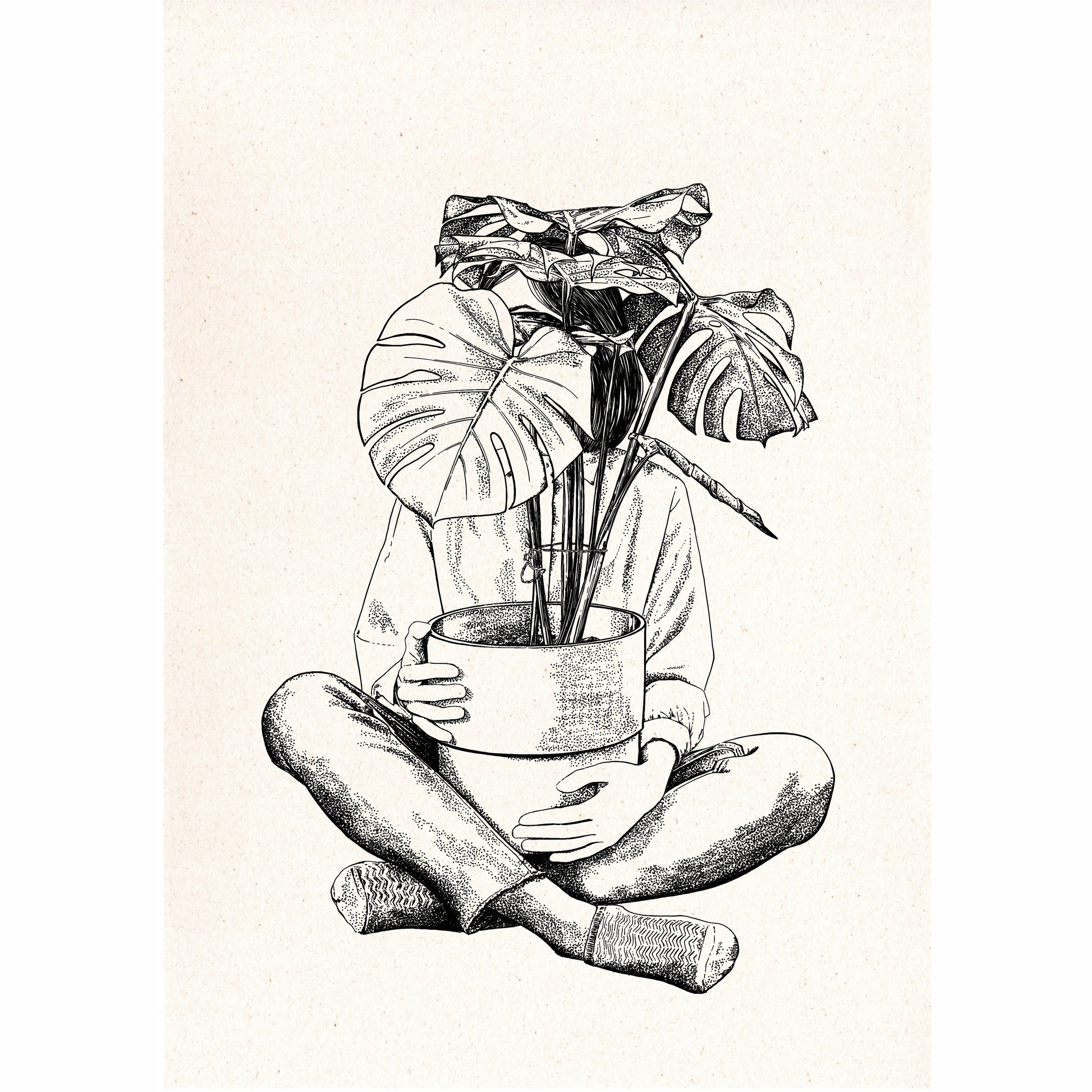 dibujo de la ilustradora Laura Agustí de una persona sentada con las piernas cruzadas y con una maceta grande de monstera y las hojas tapándole la cara