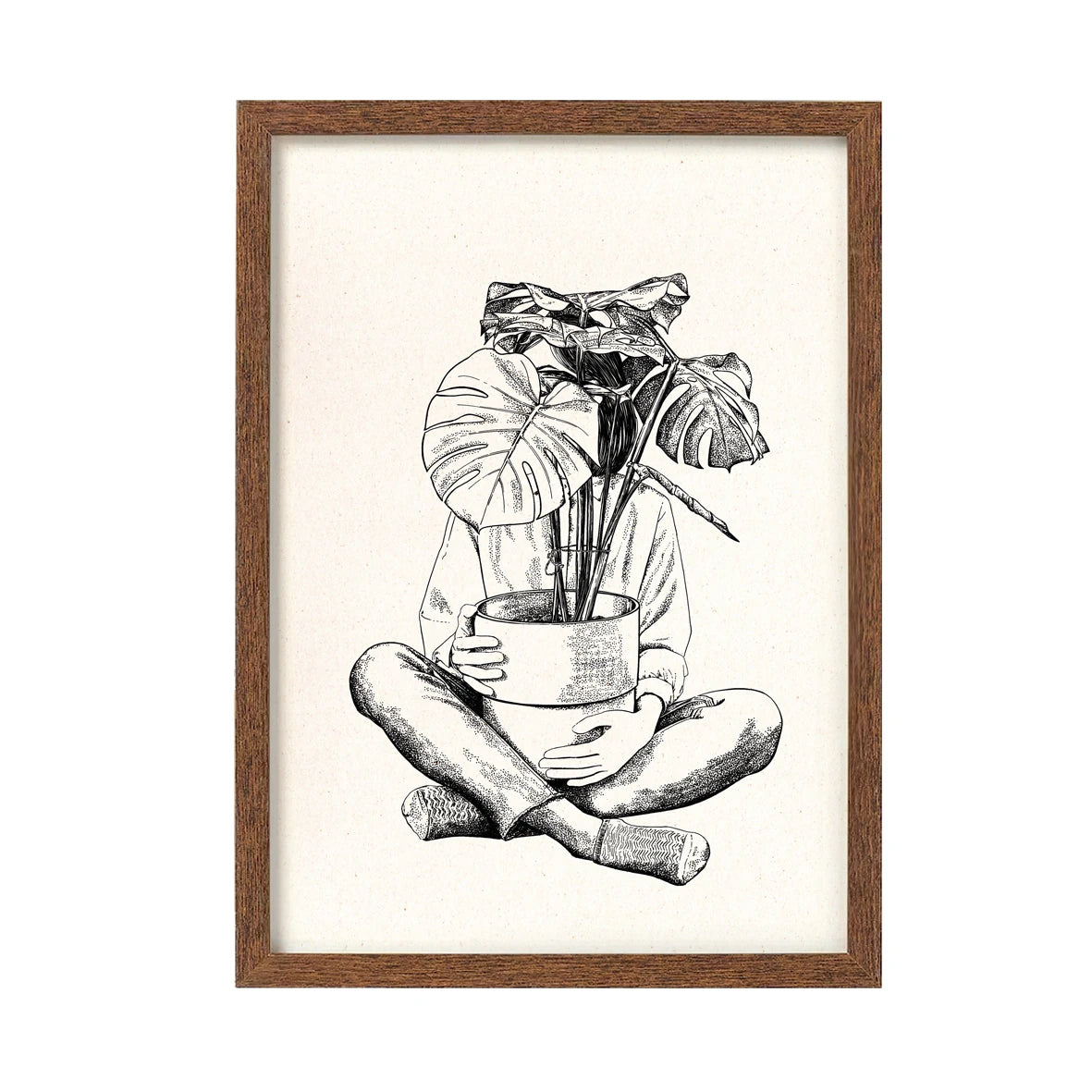 dibujo de la ilustradora Laura Agustí de una persona sentada con las piernas cruzadas y con una maceta grande de monstera y las hojas tapándole la cara, enmarcada en un cuadro marrón de madera