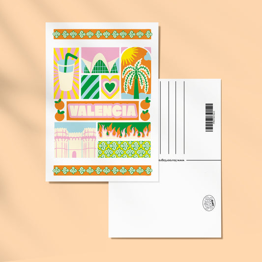 Imagen postal valencia de laura ortiz con colores veraniegos como naranja, amarillo, verde y rosa y palmeras, horchata o las torres de serrano en dibujo