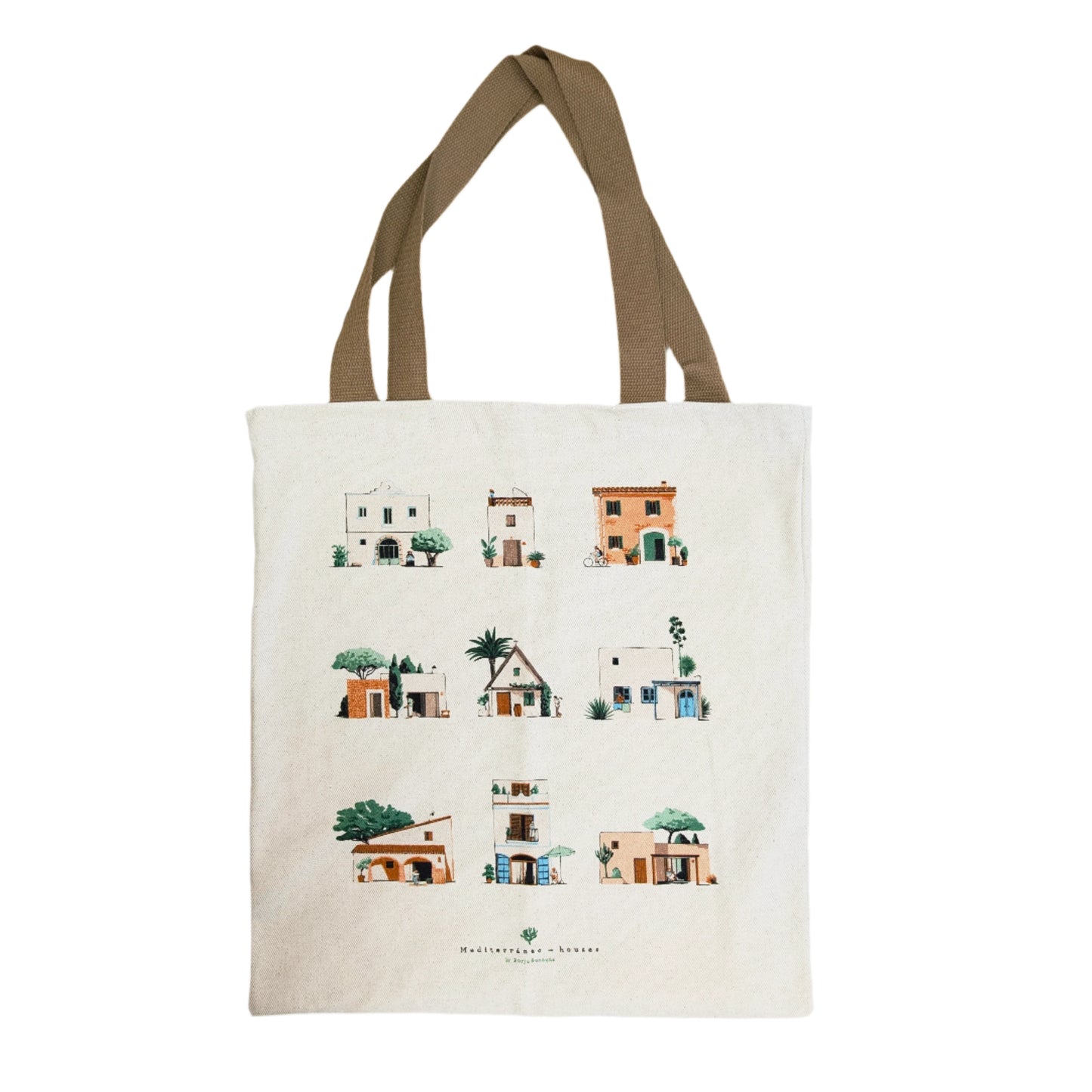 bolsa de tela con un diseño de Borja Bonaque con una ilustacion de nueve casas con arquitectura en estilo mediterráneo y con las asas de color marrón