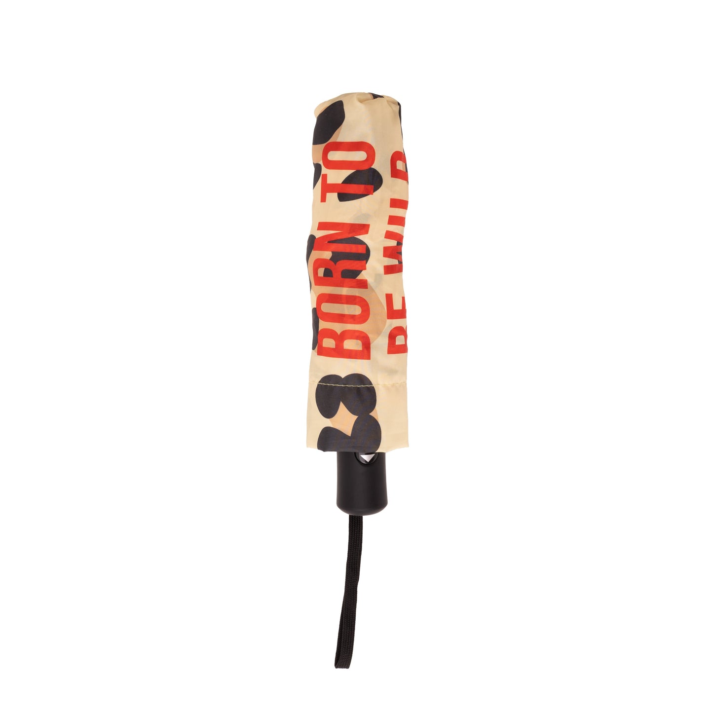Paraguas plegable con funda y estampado de leopardo y el mensaje Born to be wild escrito en letras mayúsculas rojas
