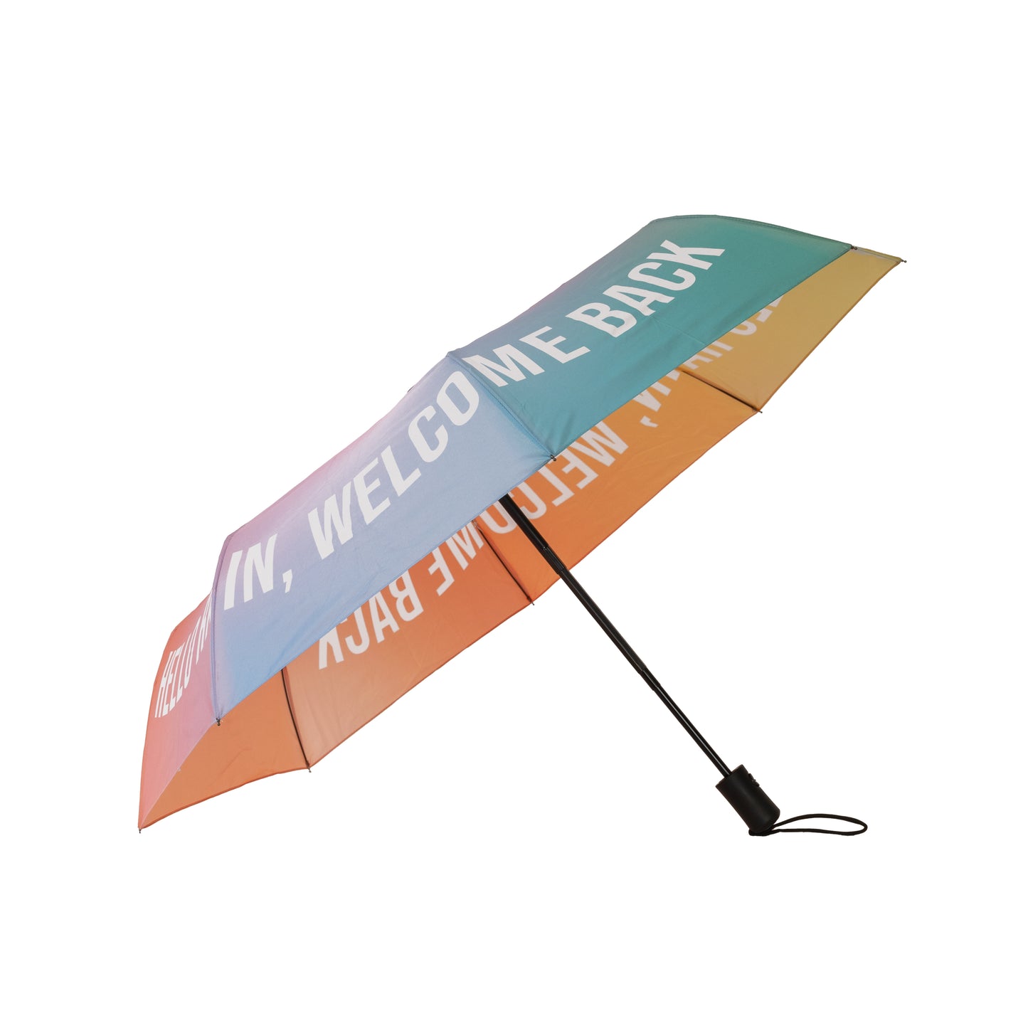 Paraguas plegable con esqueleto negro y estampado degradado de colores con el mensaje Hello rain, welcome back en letras mayúsculas blancas
