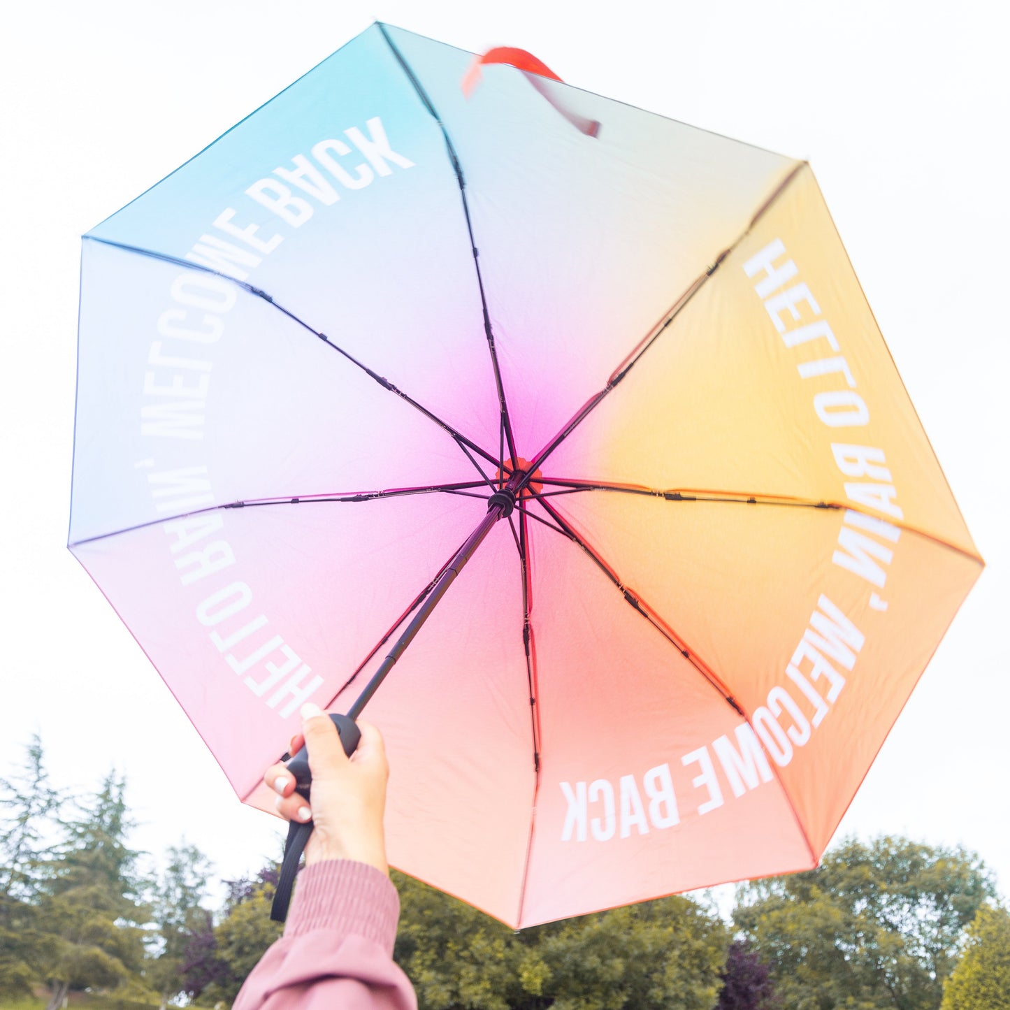 Paraguas plegable con esqueleto negro y estampado degradado de colores con el mensaje Hello rain, welcome back en letras mayúsculas blancas visto desde el interior