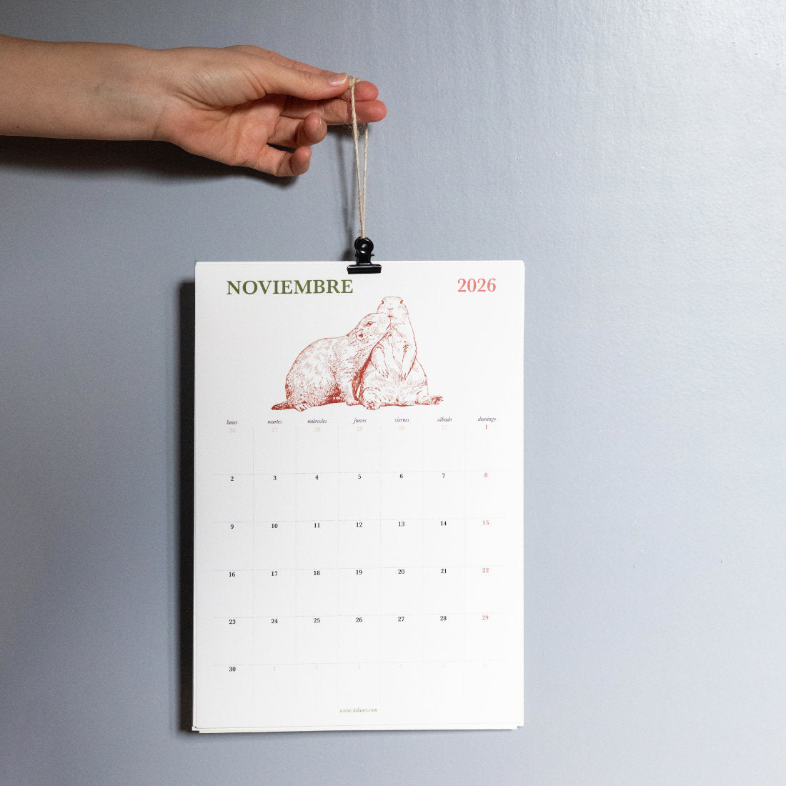 Mes de noviembre con nutrias del calendario para notas 2026 ilustrado por Laura Agustí