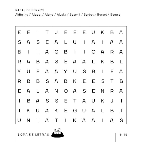 Página interior del libro de Pasatiempos para amantes de los perros con sopa de letras