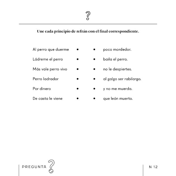 Página interior del libro de Pasatiempos para amantes de los perros con juegos de preguntas y refranes