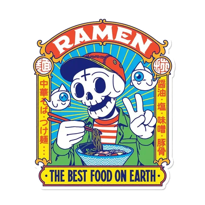 Pegatina de vinilo con un esqueleto comiendo ramen y el texto Ramen The best food on earth