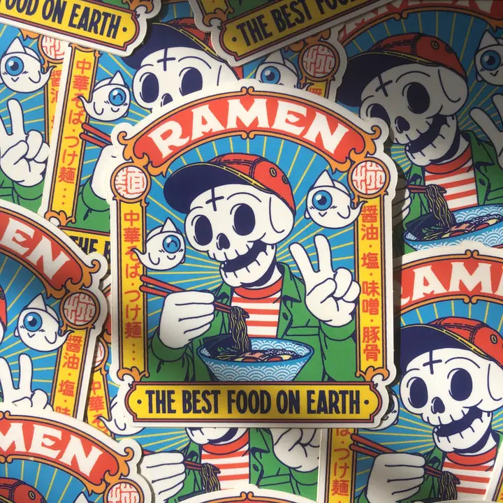 Pegatina de vinilo con un esqueleto comiendo ramen y el texto Ramen The best food on earth