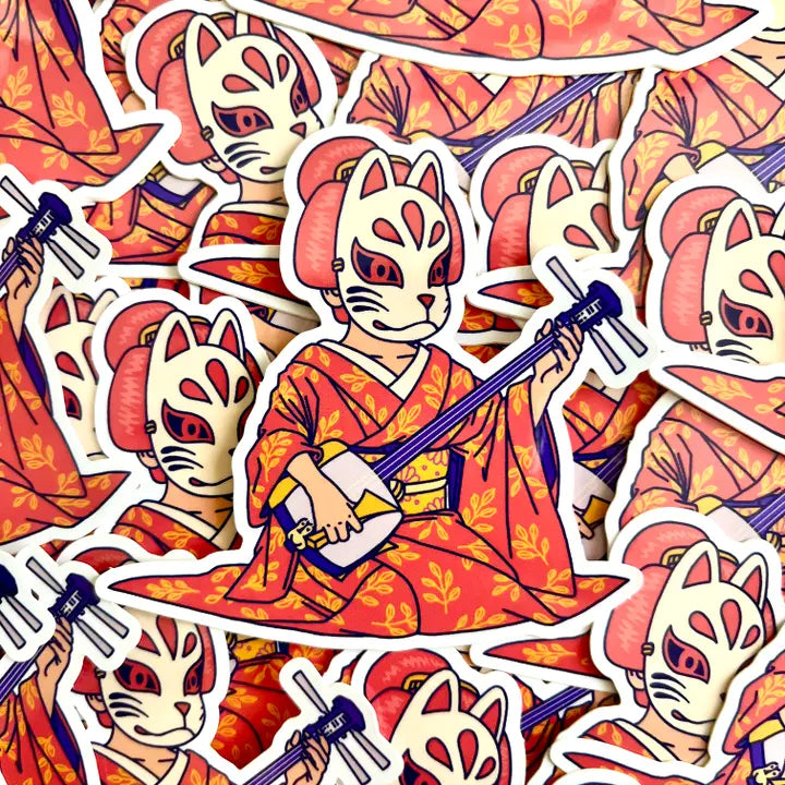 Pegatinas de una japonesa con máscara de zorro tocando el shamisen