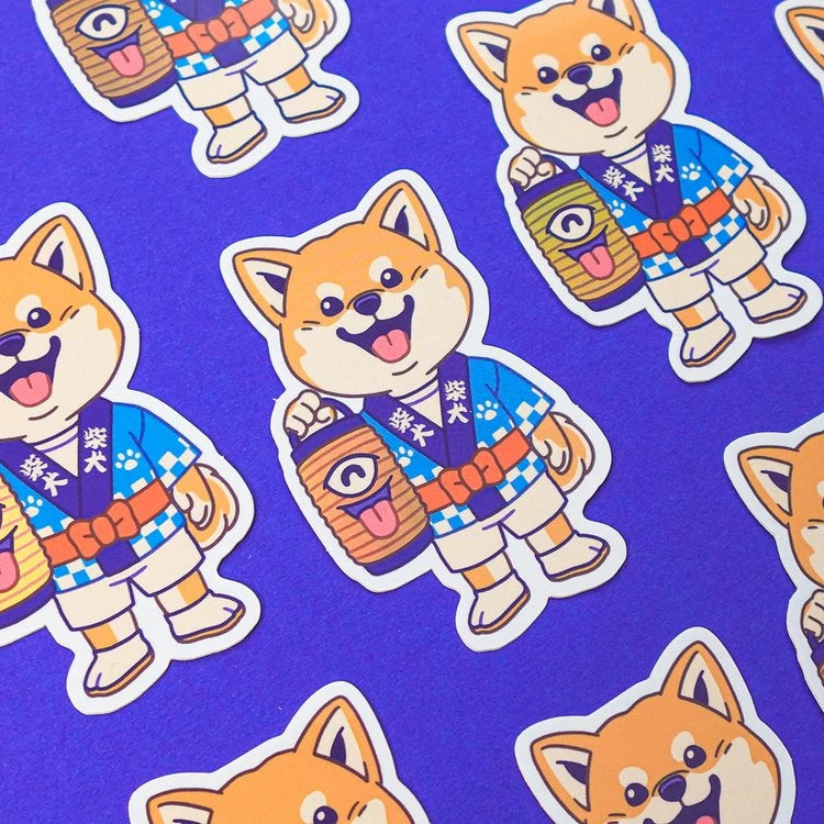 Pegatinas con forma de perrita shiba sosteniendo una lámpara de papel japonesa