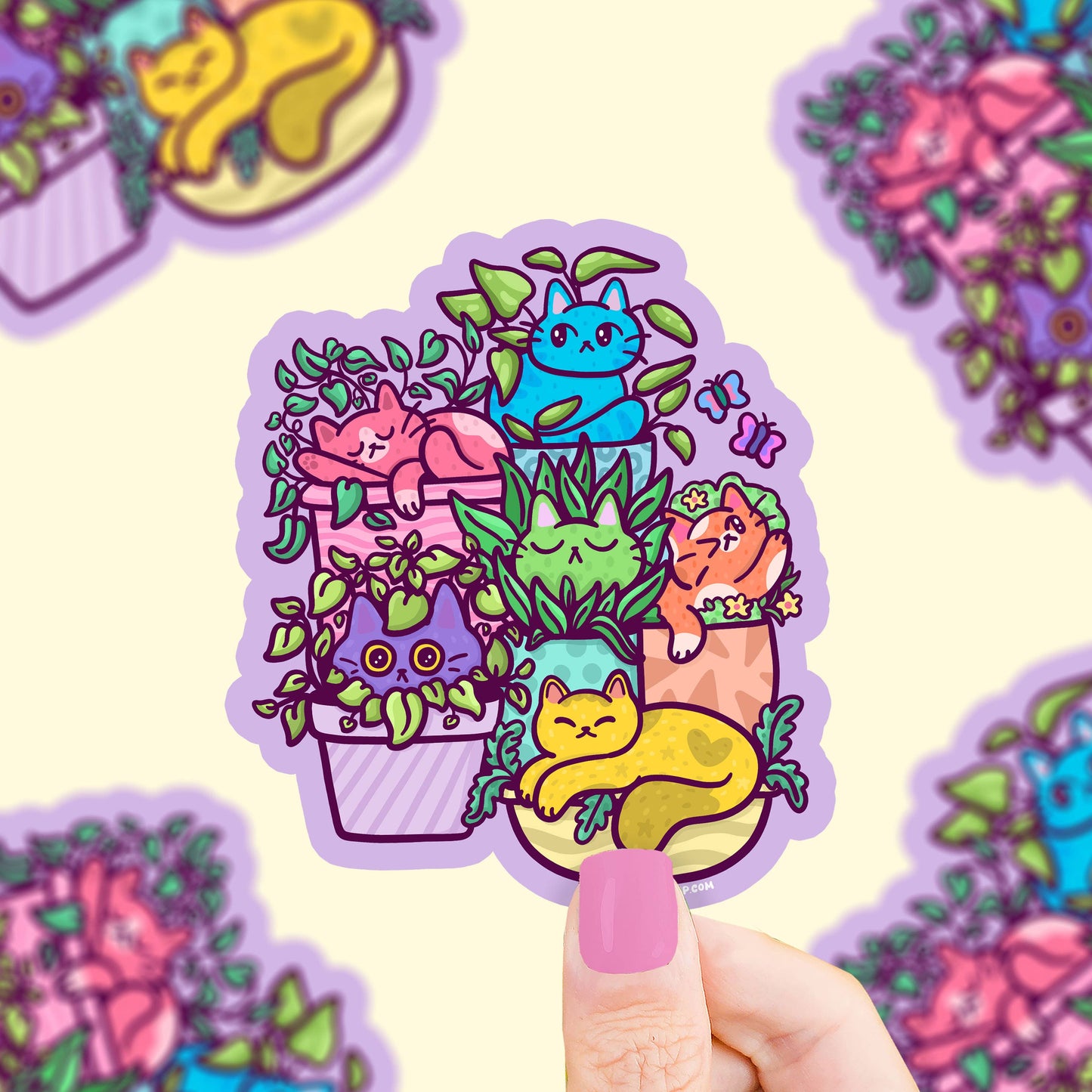 Pegatina troquelada con muchos gatos de colores en macetas con plantas