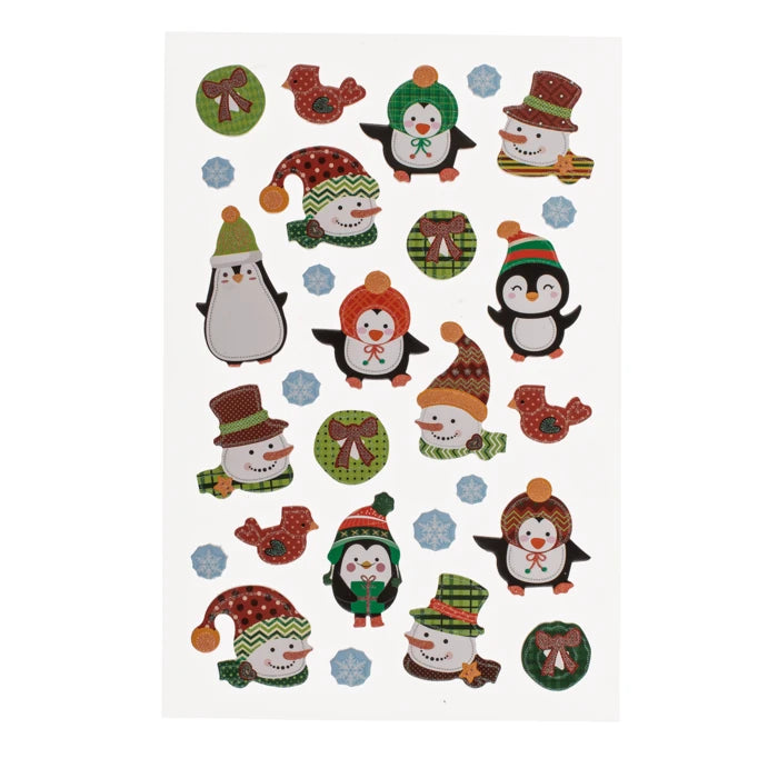 Hoja de pegatinas de Navidad Pinguinos, Copos y Muñecos de Nieve