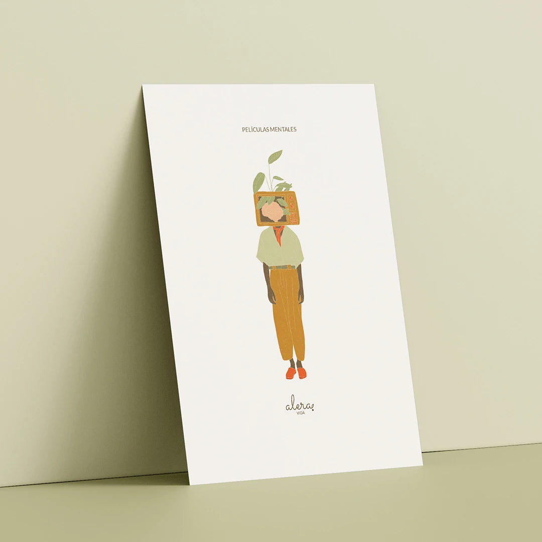 Postal Películas Mentales de la artista Alera Vida de una persona con una televisión en la cabeza en la que se ve un cerebro floreciendo