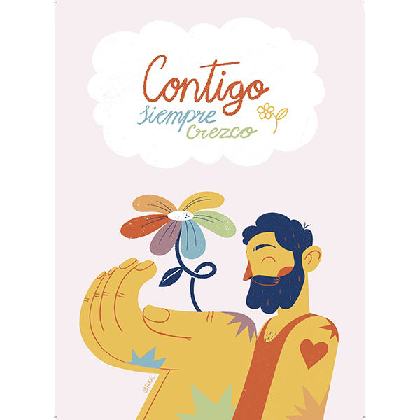 Postal del Día del Orgullo con un chico blanco con barba sosteniendo una flor de colores y el mensaje "Contigo siempre crezco"