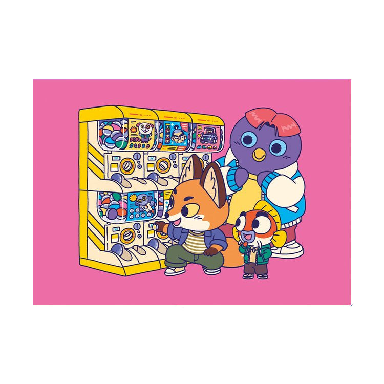 Postal con tres personajes de Yeaaah Studio sacando una bola de una máquina expendedora