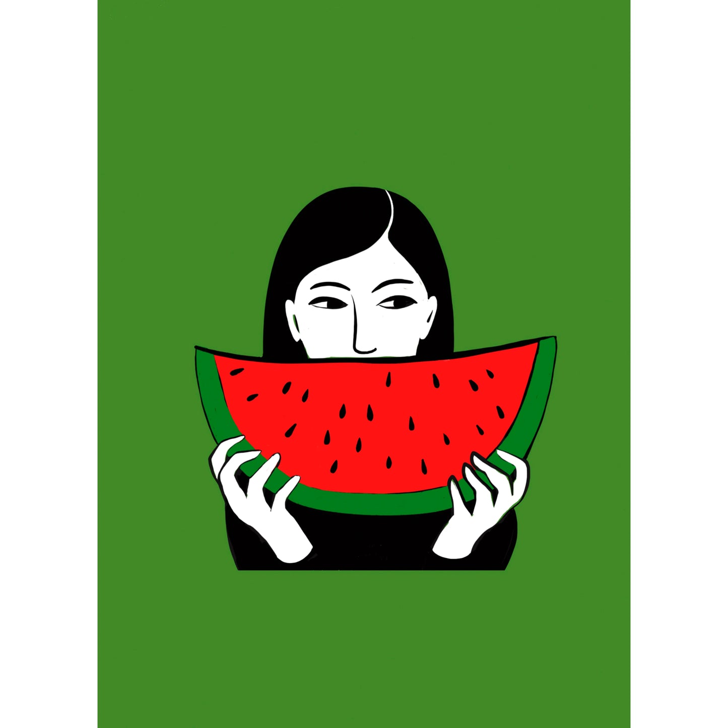 Ilustración de una mujer sobre fondo verde sosteniendo una tajada de sandía