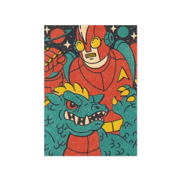 Postal con ilustración de una lucha entre un robot gigante japonés rojo y un lagarto gigante