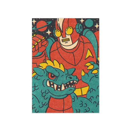 Postal con ilustración de una lucha entre un robot gigante japonés rojo y un lagarto gigante