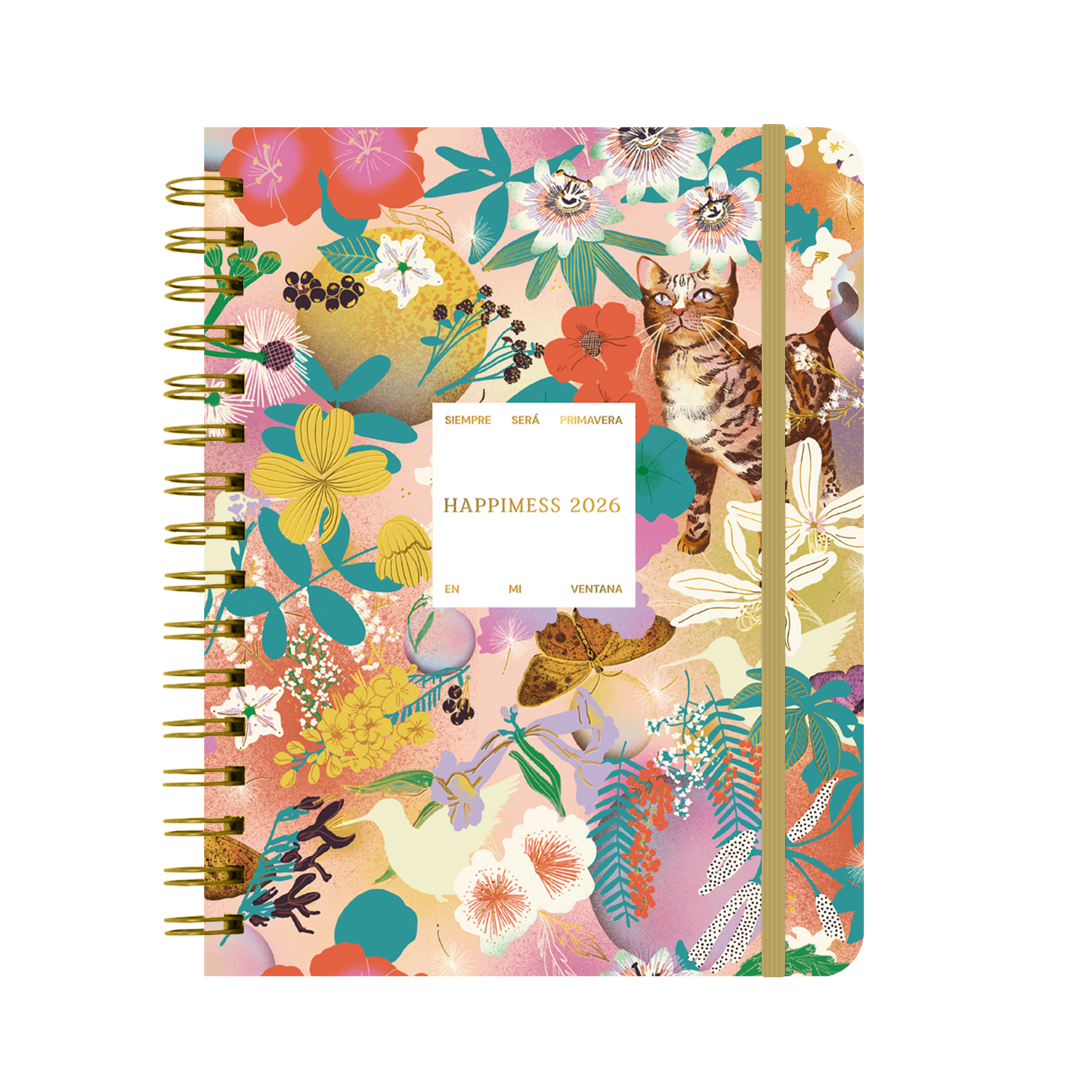 Portada con collage de animales y plantas de la agenda de Happimess 2026 Siempre será primavera en mi ventana, con organización semanal