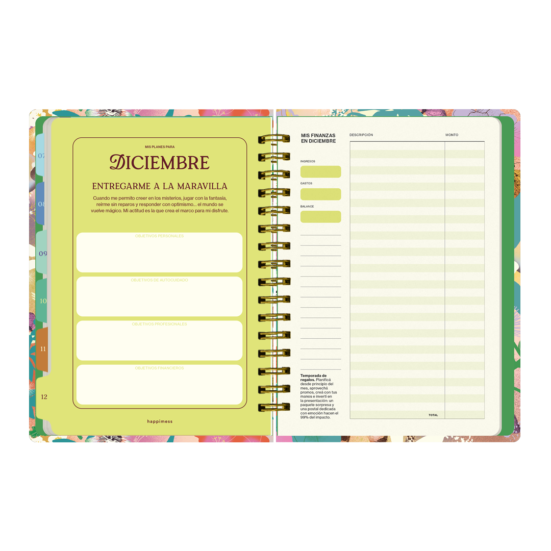 Páginas interiores de la agenda de Happimess 2026 Primavera, con hoja de planes para diciembre y planificador de gastos mensual