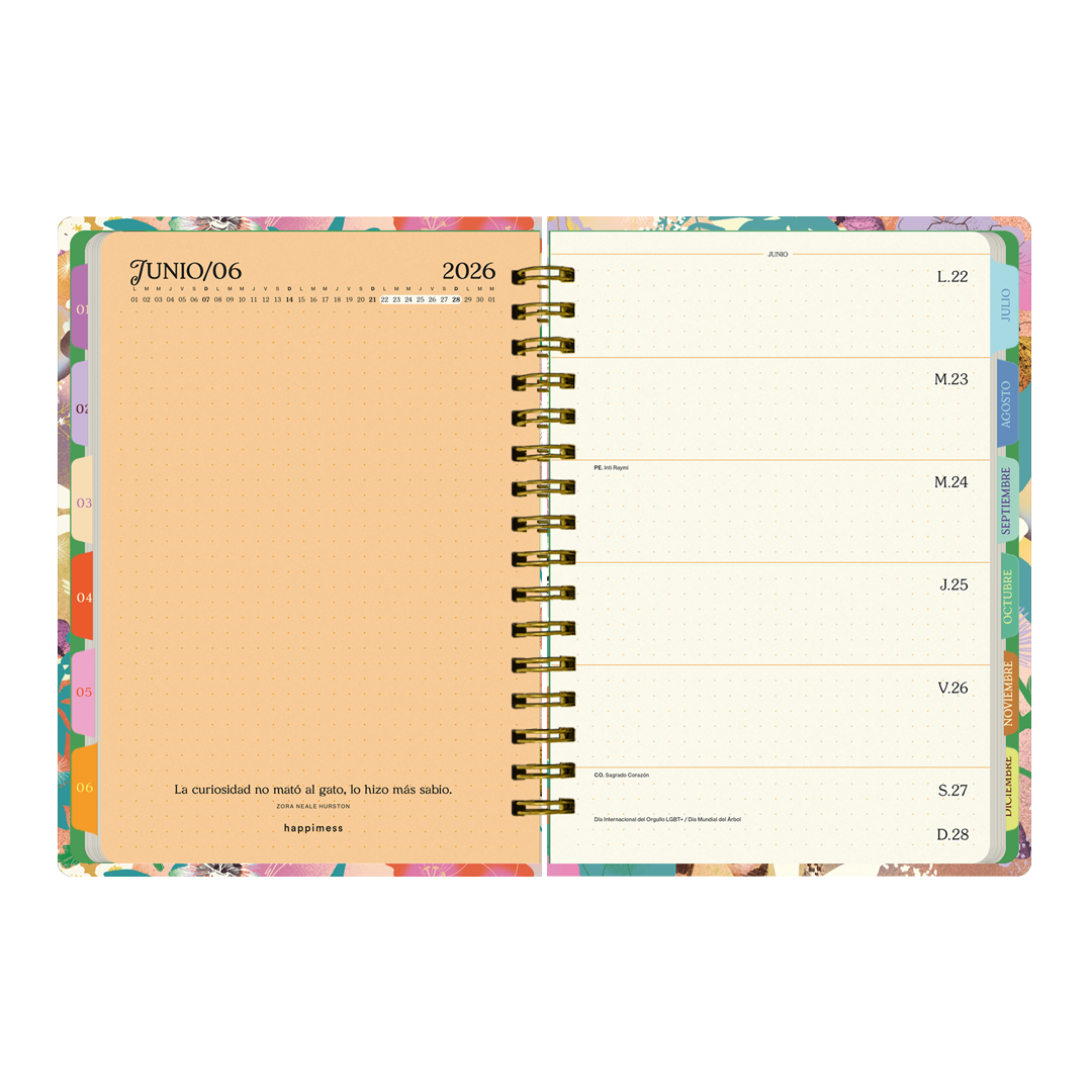 Páginas interiores de la agenda de Happimess 2026 Primavera, con planificador de junio y organización semanal en franjas horizontales
