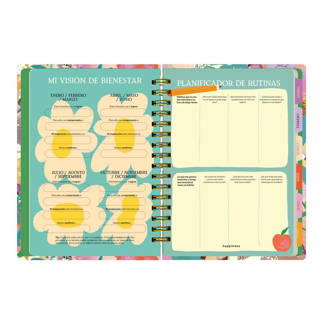 Páginas interiores de la agenda de Happimess 2026 Primavera, con objetivos trimestrales y planificador de rutinas