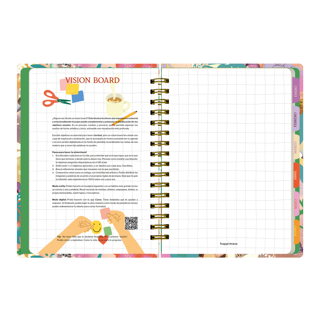 Páginas interiores de la agenda de Happimess 2026 Primavera, con vision board e instrucciones