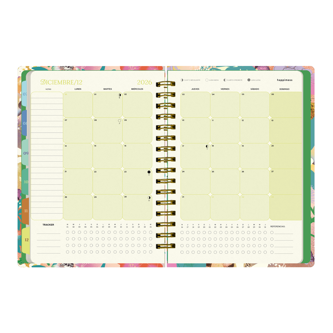 Páginas interiores de la agenda de Happimess 2026 Primavera, con calendario mensual del mes de diciembre