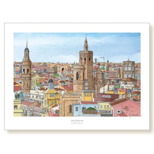Ilustración del barrio de València Ciutat Vella en formato 50x70 cm de VLC Prints