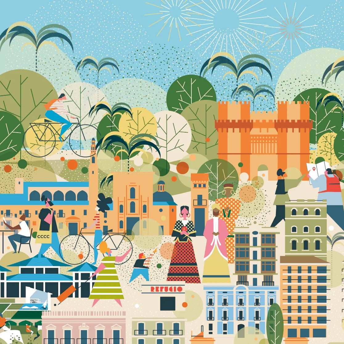 Detalle de la lámina decorativa con ilustración de Ciutat Vella de Valencia, con la ilustración de las torres de quart, fuegos artificiales, una bici y un chico con la bolsa del cccc