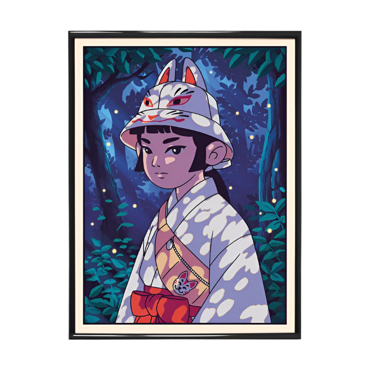 Ilustración de una chica en medio de un bosque de noche con luciérnagas de noche vestida con kimono, gorro con orejitas y riñonera